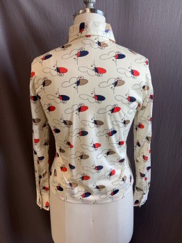 Womens, Blouse, KOKO BAY, Ivory White, Dk Blue, Red, Lt Brown, Polyester, Novelty Pattern, B38, Collar Attached, Long Sleeves, Button Front, 2 Button Cuffs, Outline of Woman Wearing Hat with Left Side Filled in with Dark Blue and Red or Light Brown, Woman Flipped Upside Down with Right Side Filled In