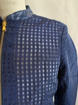 KETU HOMME, Navy Blue, Polyester, Nylon, Grid , Band Collar, Zip Front, 2 Pockets, Sheer