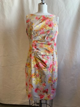 ANNE KLEIN, Taupe, Pink, Yellow, Gray, Cotton, Lycra, Floral, Boat Neck, Horizontal Gathered Drop Pleat Panel, Boat Neck, Below Knee