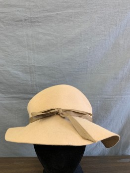 Womens, Hat , NL, Khaki Brown, Wool, OS, Round Crown with Fold at Front, Floppy Brim, Dark Khaki Ribbon with Bow