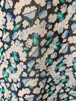 KARL LAGERFIELD , Black, White, Lt Blue, Blue, Green, Polyester, Floral, PARIS, Short Sleeves, Pullover, Ruffle at Neck, Crinkle Chiffon, Lined