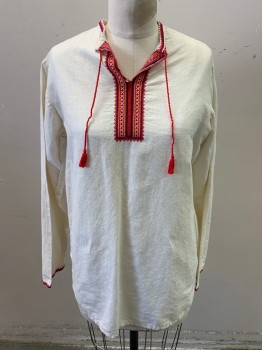 Womens, Shirt, N/L, Off White, Red, Blue, White, Yellow, Cotton, Solid, S, L/S, Keyhole, Embroidered Tribal Patch, Self Tie Neck Tassel,