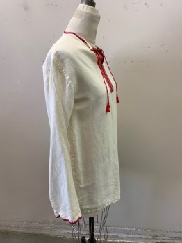 Womens, Shirt, N/L, Off White, Red, Blue, White, Yellow, Cotton, Solid, S, L/S, Keyhole, Embroidered Tribal Patch, Self Tie Neck Tassel,