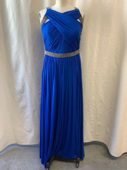 COAST, Royal Blue, Acetate, Polyamide, Cross Pleated Sections on Front & Back Wrapped Around Silver Beaded Straps, Beaded Waist Band, Pleated Skirt, Zip Side, Floor Length
