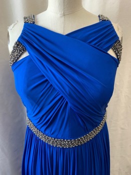 COAST, Royal Blue, Acetate, Polyamide, Cross Pleated Sections on Front & Back Wrapped Around Silver Beaded Straps, Beaded Waist Band, Pleated Skirt, Zip Side, Floor Length