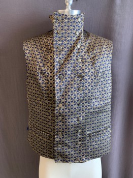 Mens, Historical Fiction Vest, NL, Navy Blue, Gold, Synthetic, Jacquard, 38, Turtle Neck, Double Breasted, Gold Buttons, 2 Waist Pockets, Missing Lace at Back