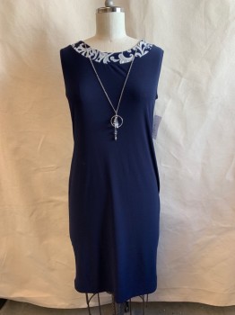 R&M RICHARDS, Navy Blue, White, Polyester, Spandex, Solid, Floral, DRESS, Round Neck, Slvls, Floral Detail at Neck, Removable Necklace/Chain at Neck