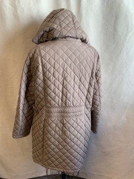 Womens, Coat, Winter, CALVIN KLEIN, Taupe, Synthetic, Solid, B:44, XXL, Quilted, Zip Front, Removable Hood, 2 Pockets, Long Tabs with Gold Snaps