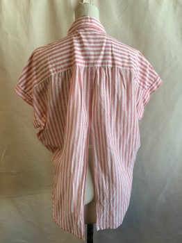 MADEWELL, Dusty Red, White, Cotton, Stripes, Button Front, Collar Attached, Cap Sleeve, Rounded Hem Up Into Side Slits, Gathered at Shoulder Seams, Center Back Slit