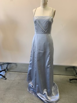 VERA WANG, Silver, Polyester, Solid, Square Neck, Spaghetti Straps, Side Zip, High Waist, Straight Floor Length Skirt with Back Panel From CB Waist