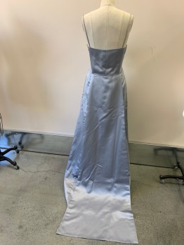 VERA WANG, Silver, Polyester, Solid, Square Neck, Spaghetti Straps, Side Zip, High Waist, Straight Floor Length Skirt with Back Panel From CB Waist