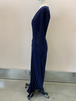 LAUNDRY, Navy Blue, Polyester, Spandex, Solid, Full Length, L/S, Rouching At Wrists, Surplice Neckline Rouched To Beaded Bar Left Waist, Side Slit Skirt, Back Zipper,