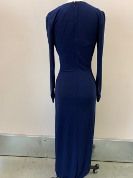 LAUNDRY, Navy Blue, Polyester, Spandex, Solid, Full Length, L/S, Rouching At Wrists, Surplice Neckline Rouched To Beaded Bar Left Waist, Side Slit Skirt, Back Zipper,