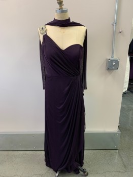 DANCING QUEEN, Plum Purple, Polyester, Solid, Sweetheart Neck, One Shoulder Gathering, Silver Appliqué, Draped At Waist, Zipper At Back, No More Scarf