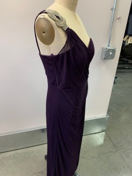 DANCING QUEEN, Plum Purple, Polyester, Solid, Sweetheart Neck, One Shoulder Gathering, Silver Appliqué, Draped At Waist, Zipper At Back, No More Scarf