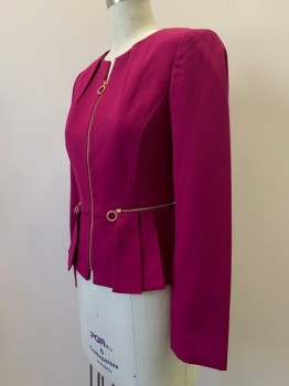TAHARI, Fuchsia Pink, Polyester, Rayon, Solid, L/S, Zip Front, Crew Neck, Gold Zipper Detail, Side Pleat,