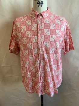 Mens, Hawaiian Shirt, REYNSPOONER, Faded Red, White, Cotton, Squares, Novelty Pattern, XXL, Button Down Collar, Button Front, Short Sleeves, 1 Pocket, Red and Off White Squares with Anchors and Wheels