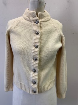 Womens, Sweater, DALTON, Cream, Cashmere, Solid, XS, 3-ply, Thick Rib Knit Collar and Cuffs, Raglan Sleeves, Soft and Lovely