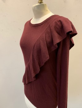 AUTUMN CASHMERE, Plum Purple, Cashmere, Solid, Knit, Long Sleeves, Diagonal Ruffle From Shoulder to Hem, Scoop Neck