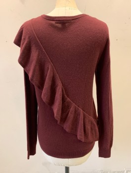 AUTUMN CASHMERE, Plum Purple, Cashmere, Solid, Knit, Long Sleeves, Diagonal Ruffle From Shoulder to Hem, Scoop Neck