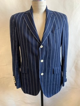 HACKETT LONDON, Navy Blue, White, Rayon, Stripes - Vertical , Notched Lapel, Single Breasted, Button Front, 3 Buttons, 3 Pockets