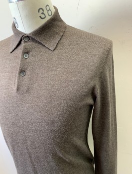 JOSEPH & LYMAN, Dusty Brown, Wool, Solid, Polo Sweater, Knit, Long Sleeves, Collar Attached, 3 Button Placket