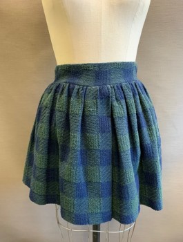 FREE PEOPLE, Navy Blue, Dk Green, Cotton, Polyester, Check , Coarse Fabric, 2" Wide Waistband, Gathered, 2 Welt Pockets At Side, Navy Jersey Lining Inside
