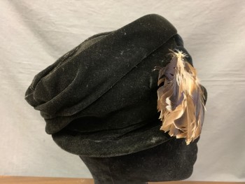 ADELINE CHABOT, Black, Brown, Tan Brown, Silk, Feathers, Solid, Velvet, Brown and Tan Feather Trim, Little/no Brim, Circular Crown,