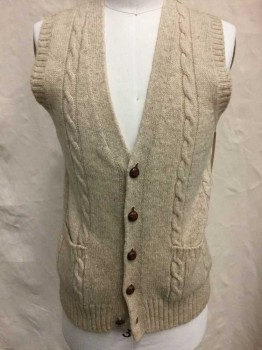 Mens, Vest, CLAYBROOKE, Oatmeal Brown, Wool, Cable Knit, S, B.F., 2 Pckts, 5 Bttns,