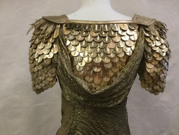 Womens, Sci-Fi/Fantasy Dress, MTO, Gold, Metallic, Leather, Plastic, 4/6, Short Sleeve,  Layered Gold "scales", Bias Cut Lame Gown, Side Slit to Rouched Hip, Side Zip Close, Cowl Front and Back,