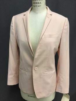 TOP SHOP, Baby Pink, Polyester, Solid, 1 Button, 3 Pockets, Notched Lapel, Single Breasted,