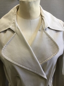 THEORY, Lt Khaki Brn, Cotton, Spandex, Solid, Double Breasted, Rounded Lapel/Collar, Self Attached Belt in Channel at Waist, No Lining