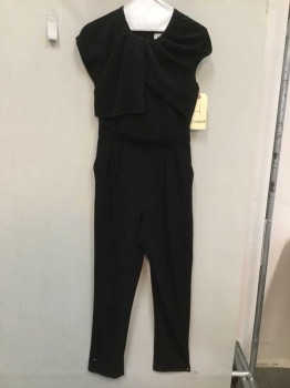 Womens, Jumpsuit, Intrend, Black, Polyester, Solid, 4, Black, Pleated Neck, Cap Sleeve, Pleated Pants