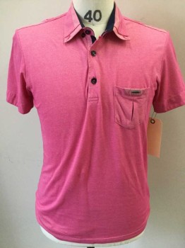 MONDO, Pink, Navy Blue, Cotton, Heathered, Heather Pink, Pink W/red Circle Embroidery and Thin White Stripes Collar Attached and On Epaulettes, Navy Inside Placket and Collar, 3 Button Front, 1 Pocket, Short Sleeve,  See Photo Attached,