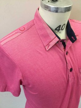 MONDO, Pink, Navy Blue, Cotton, Heathered, Heather Pink, Pink W/red Circle Embroidery and Thin White Stripes Collar Attached and On Epaulettes, Navy Inside Placket and Collar, 3 Button Front, 1 Pocket, Short Sleeve,  See Photo Attached,