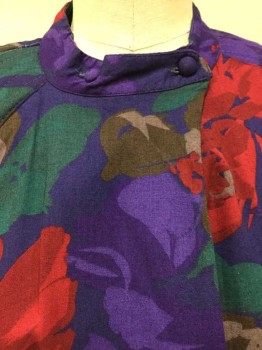 N/L, Purple, Red, Teal Green, Brown, Rayon, Floral, L/S, Band Collar With 2 Buttons, Quilted Shoulders