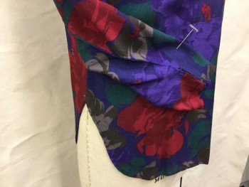 N/L, Purple, Red, Teal Green, Brown, Rayon, Floral, L/S, Band Collar With 2 Buttons, Quilted Shoulders