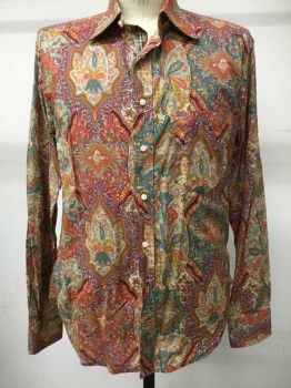 Robert Graham, Orange, Teal Blue, Black, Gold, Cotton, Paisley/Swirls, Long Sleeves, Button Front, Collar Attached,