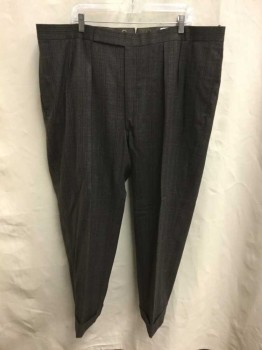 Mens, 1930s Vintage, Suit, Pants, N/L MTO, Brown, Red Burgundy, Tan Brown, Wool, Plaid, Herringbone, 28, 44, Pleats, Suspender Buttons, Cuffed Hem, Side Pockets