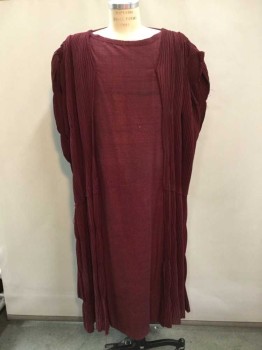 Mens, Historical Fiction Robe, N/L, Wine Red, Black, Cotton, Wool, Stripes - Micro, O/S, Wide Round Neck, Pleated Drape On Both Sides Of Shoulders,  5 Hook & Eyes at Center Back, Floor Length, Made To Order