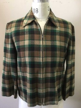 Mens, Jacket, N/L, Tan Brown, Brown, Green, Black, Wool, Plaid, 40, 50's, Zip Front, Collar Attached, Long Sleeves, 2 Pocket, Small Holes in Back and Sleeve