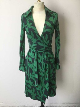 DVF, Green, Black, Silk, Floral, Green and Black Abstract Leaf and Branches Pattern Silk Jersey, Long Sleeves, Wrap Dress, Collar Attached, Self Belt Ties Attached at Waist, Hem Above Knee