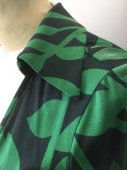 DVF, Green, Black, Silk, Floral, Green and Black Abstract Leaf and Branches Pattern Silk Jersey, Long Sleeves, Wrap Dress, Collar Attached, Self Belt Ties Attached at Waist, Hem Above Knee