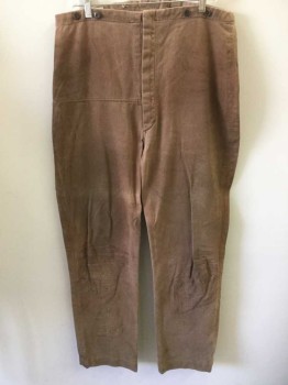 N/L, Lt Brown, Cotton, Solid, Twill, Button Fly, Suspender Buttons at Outside Waist, No Pockets, Made To Order Reproduction "Old West" Wear **Very Large Mends Throughout, Dusty/Dirty Throughout