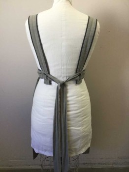 Womens, Apron 1890s-1910s, N/L, Gray, Dk Gray, Cotton, Solid, Pinafore/Bib Apron, Gray with Dark Gray 1/4 Edging, Self Ties, Blood Stains at Waist, Overall Worn/Distressed Look, Made To Order