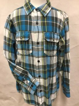 PURE STUFF , Off White, Gray, Turquoise Blue, Yellow, Black, Cotton, Plaid, Collar Attached, Button Front, 2 Pockets W/flap, Long Sleeves,
