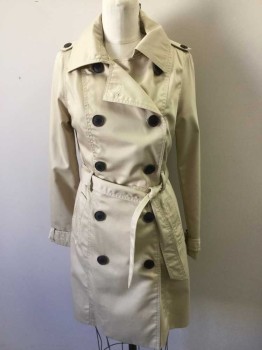 Womens, Coat, Trenchcoat, N/L, Lt Khaki Brn, Cotton, Polyester, Solid, S, Twill, Double Breasted, Self Belt, Epaulets,