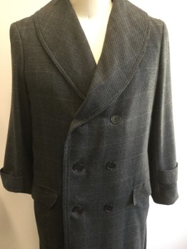 Mens, Coat 1890s-1910s, MTO, Baby Blue, Black, Blue, Olive Green, Wool, Tweed, Plaid-  Windowpane, 46, Made To Order, Double Breasted, Shawl Lapel, Has Buttons and Button Holes on Both Sides So It Can Be Used As a Mans or Womans,