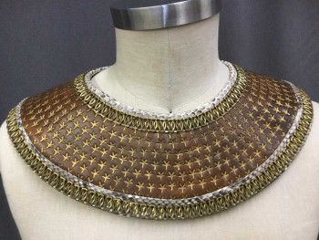 Unisex, Historical Fiction Collar, N/L, Brown, Brass Metallic, White, Gray, Leather, Metallic/Metal, Animal Print, Floral, Reddish-brown W/gold Stamped Flower-like, Brass Chain with White/gray Snake Skin Trim, Velcro Closure Back, See Photo Attached,