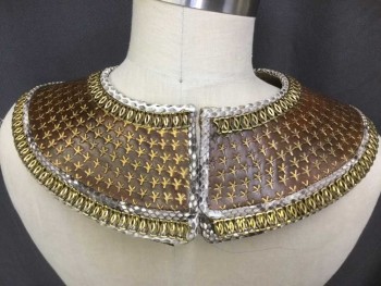 Unisex, Historical Fiction Collar, N/L, Brown, Brass Metallic, White, Gray, Leather, Metallic/Metal, Animal Print, Floral, Reddish-brown W/gold Stamped Flower-like, Brass Chain with White/gray Snake Skin Trim, Velcro Closure Back, See Photo Attached,